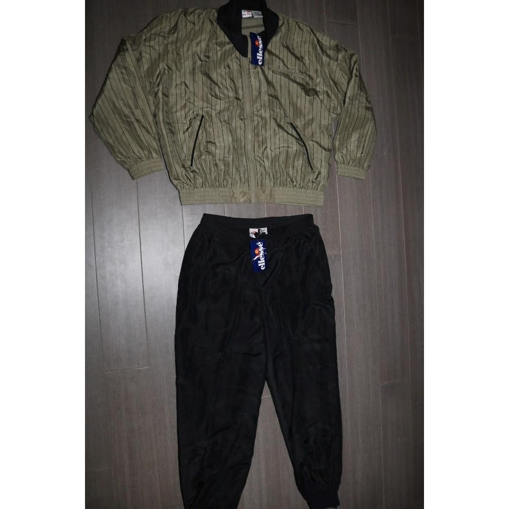 Vintage 80s Ellesse Mens Silk Tracksuit Gold Track Jacket Black Pants Size 6 42M
